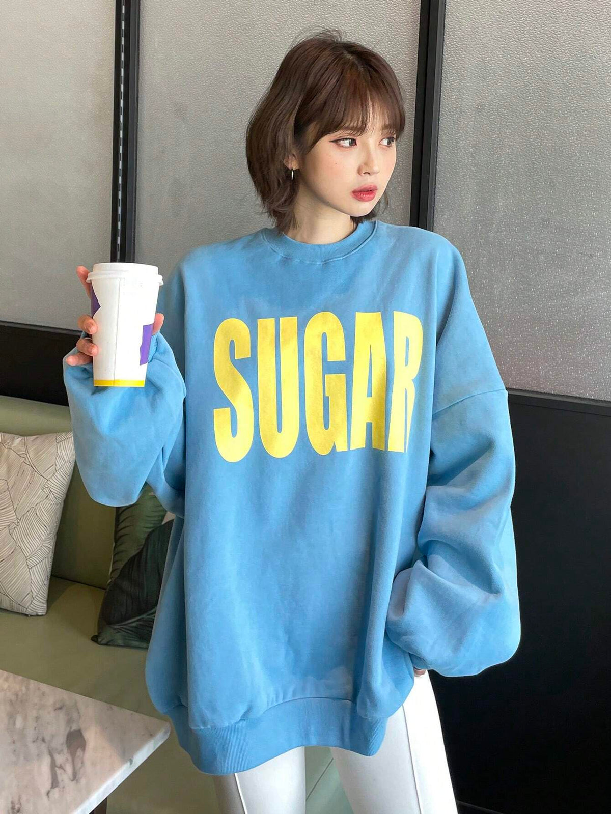 SXV Women Oversized Big Letter Casual Thermal Lined Pullover Sweatshirt For Spring Autumn