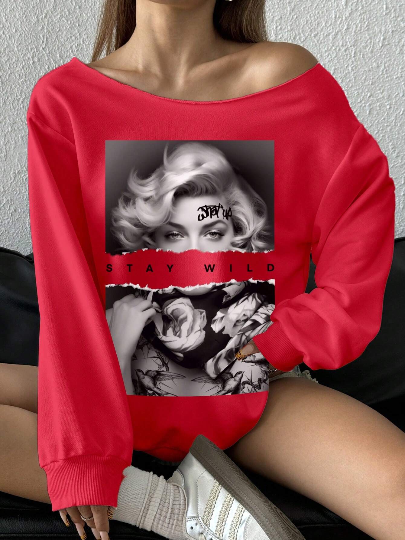 SXV Staywild Women Casual Loose Portrait Print Off-Shoulder Long Sleeve Sweatshirt