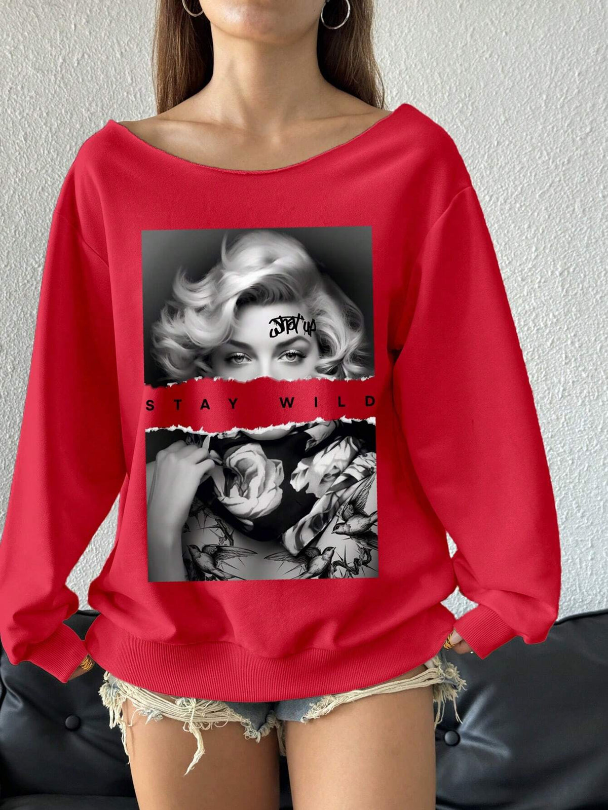 SXV Staywild Women Casual Loose Portrait Print Off-Shoulder Long Sleeve Sweatshirt