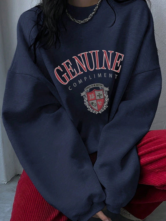 SXV Oversized Genuine compliment Letter Print Thermal Lined Sweatshirt Autumn