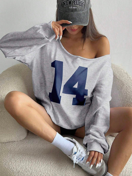 SXV Women Autumn Numeric Print Asymmetric Neckline Long Sleeve Loose Casual Sweatshirt