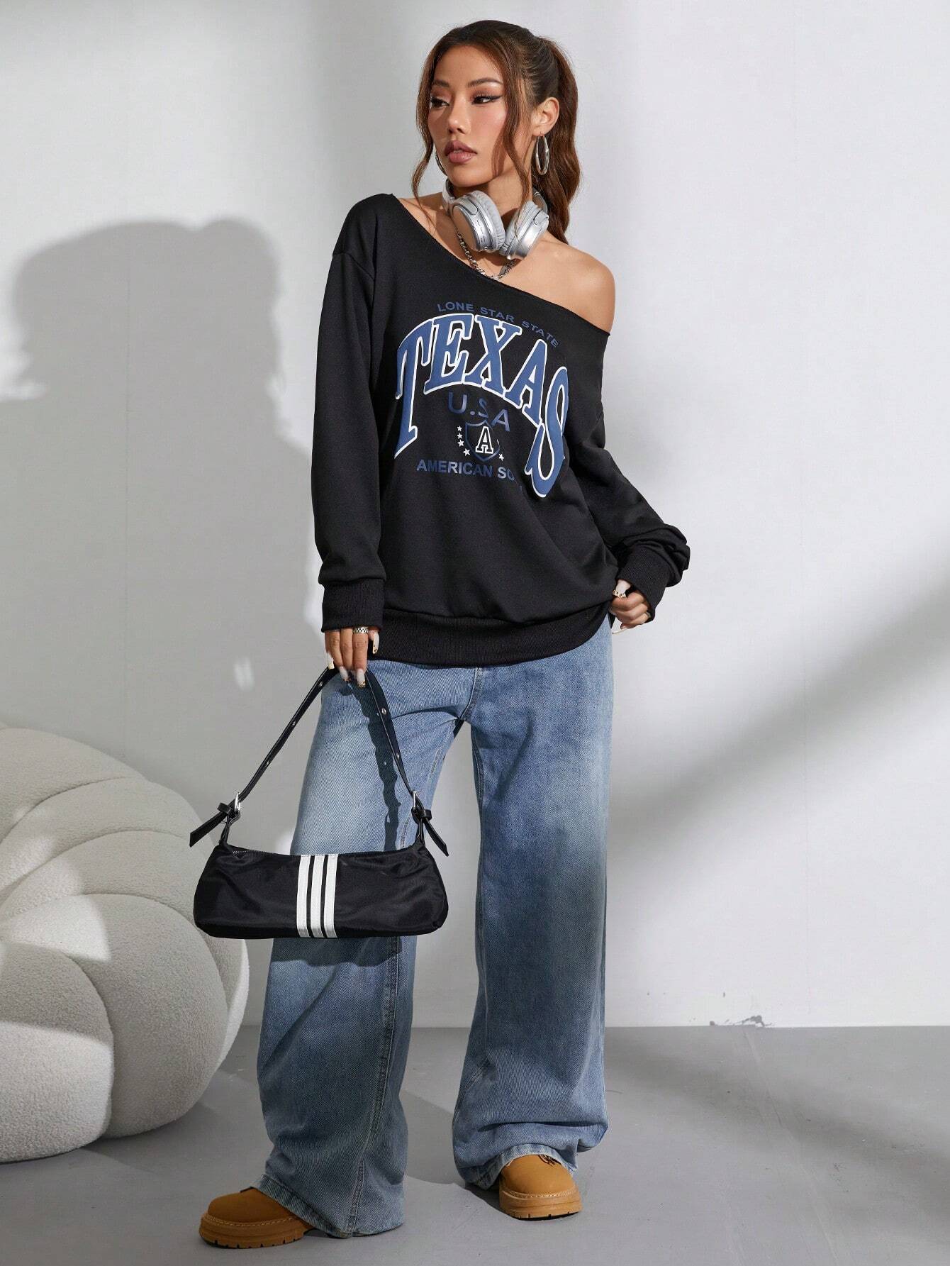 SXV Women Oblique Shoulder Long Sleeve Letter Print Casual Sweatshirt