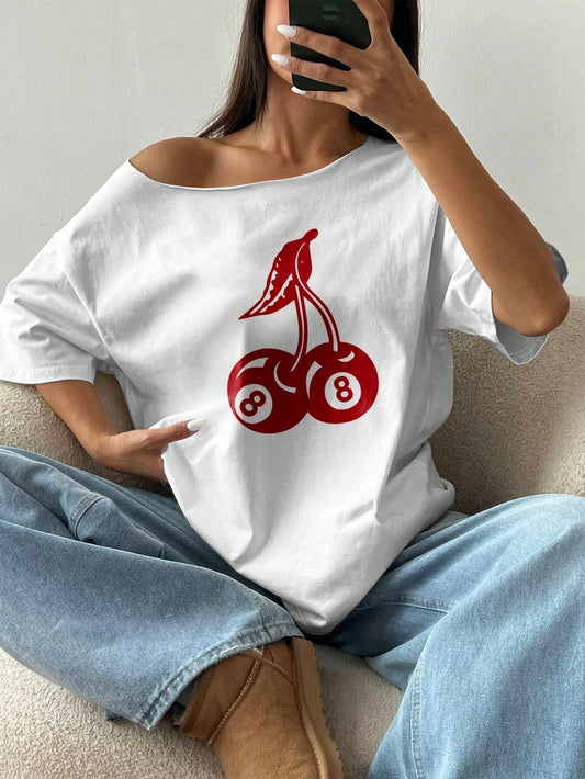 SXV Casual Loose Billiards & Cherry 8 Print Off-Shoulder Oversized T-Shirt