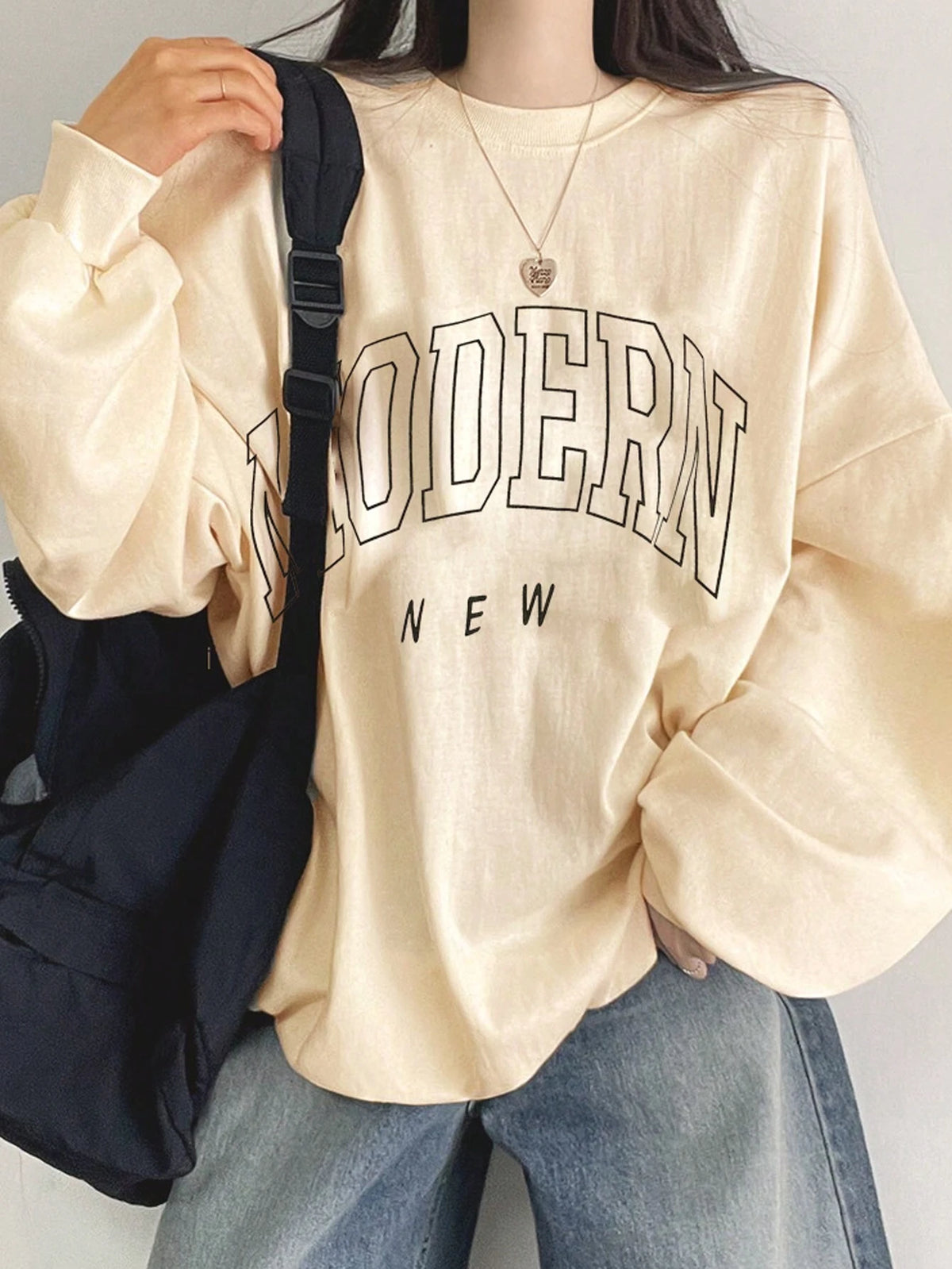 SXV Women's Casual Letter Print Drop Shoulder Long Sleeve Loose Sweatshirt