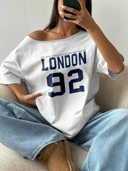 SXV Oversized Off-Shoulder Loose London 92 Print Oblique Shoulder T-Shirt Graphic Tees