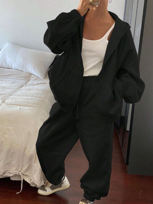 SXV 2pcs Women's Loose Solid Color Drop Shoulder Long Sleeve Hoodie And Sweatpants Casual Set, Autumn