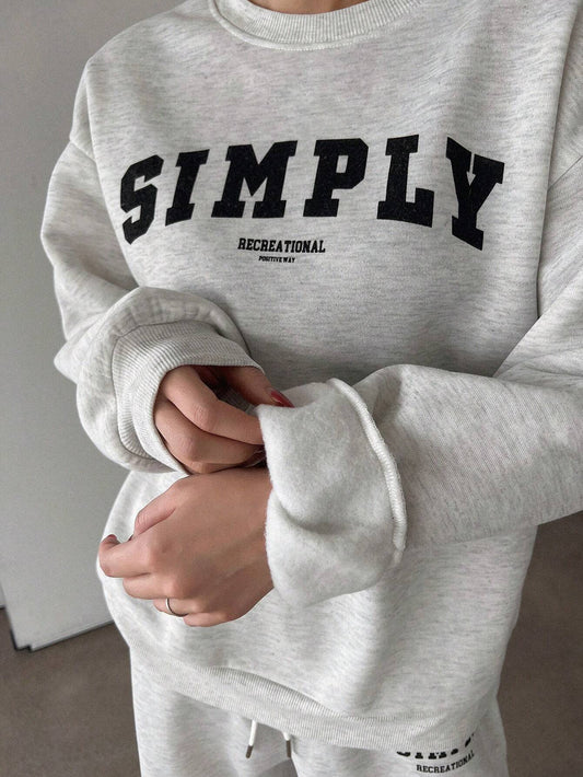 SXV Set Women Solid Color Fleece Crew Neck Hoodie And Letter Print Sweatshirt