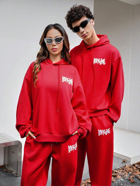SXV Unisex 1pc Casual Letter Print Dropped Shoulder Loose Hooded Sweatshirt And 1pc Mid-Waist Drawstring Hem Sweatpants Set, Spring Autumn
