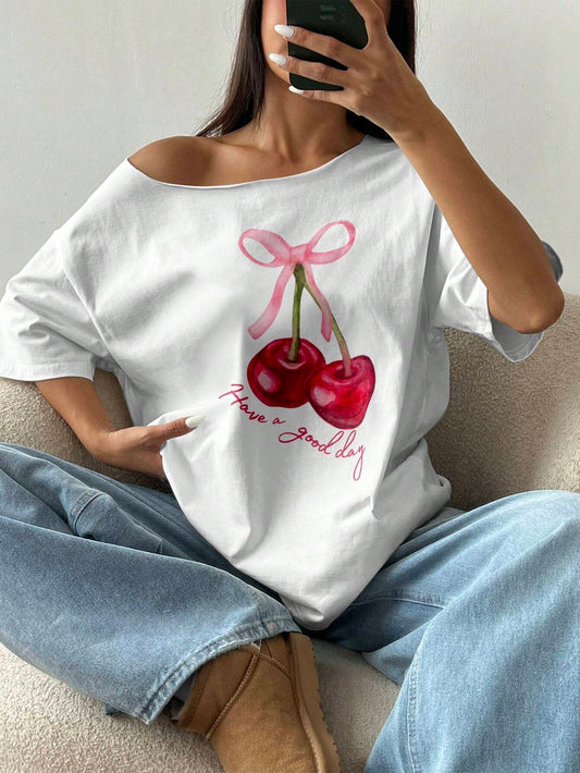 SXV Women Off-Shoulder Bow Print Simple Casual T-Shirt Graphic Tees Women Tops