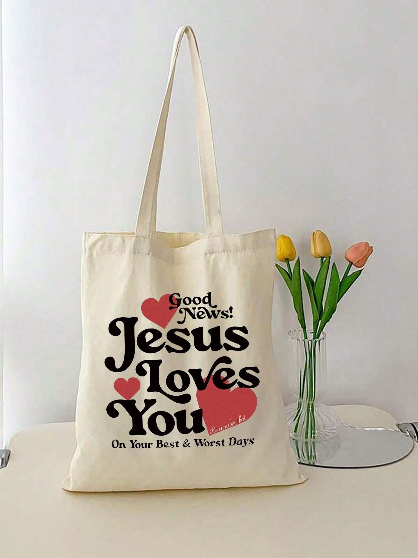 SXV Good News!Jesus Loves YouPrint Tote Bag,Christian Tote Bag, Vintage Bible Verse Printed Tote Bag, Christian Gift