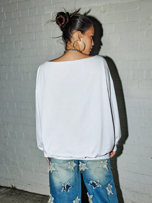 SXV Oversized Wide Collar Numeric Print Casual Sport sweatshirt For Women