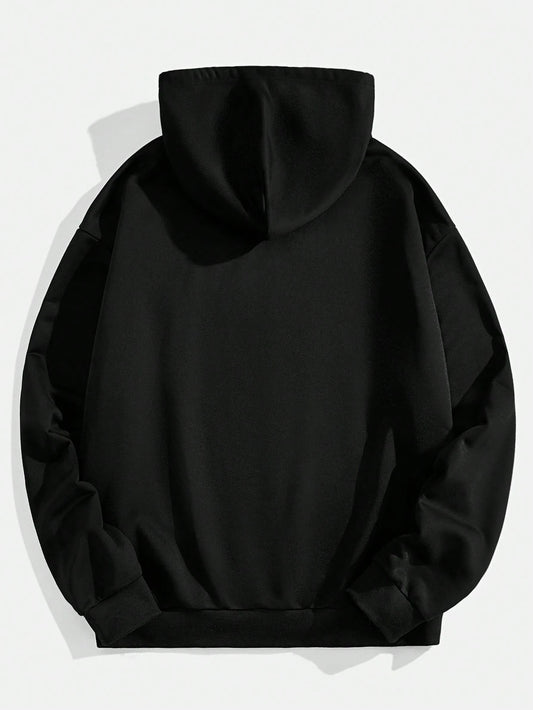 SXV Attitude Casual Fashion Men 3D Figure & Rhinestone Letter Print Drop Shoulder Loose Fit Drawstring Hooded Sweatshirt