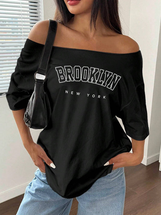 SXV Women Solid Color Asymmetric Shoulder Short Sleeve Letter Print Casual Top Graphic Tees