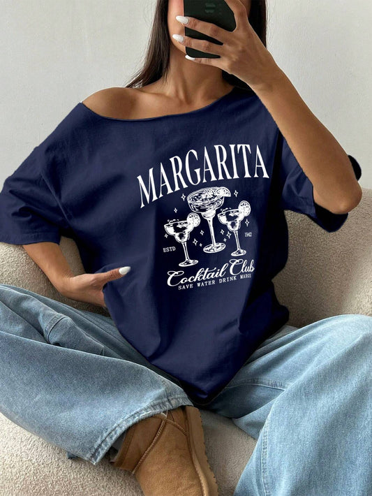 SXV Margarita Women's Casual Letter Print Oblique Shoulder Loose T-Shirt