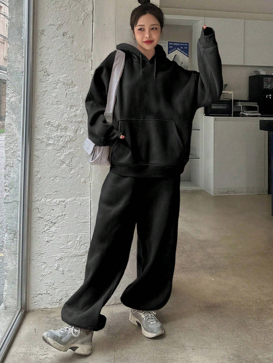 SXV Women Hooded Sweatshirt And Drawstring Hem Sweatpants Set, Casual