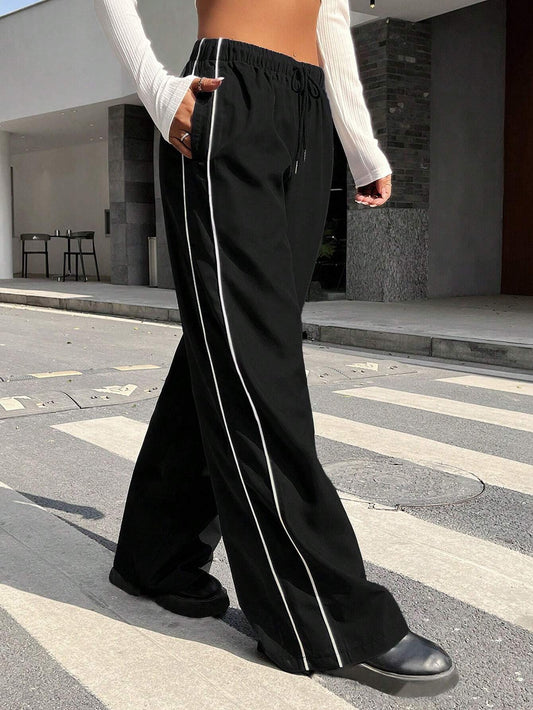 SXV Contrast Piping Drawstring Waist Wide Leg Cargo Pants