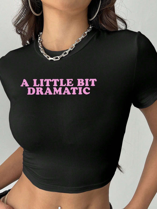 SXV Women's Slogan Printed Short Sleeve Crop Top, Summer A LITTLE BIT DRAMATIC Graphic Tees Women Tops