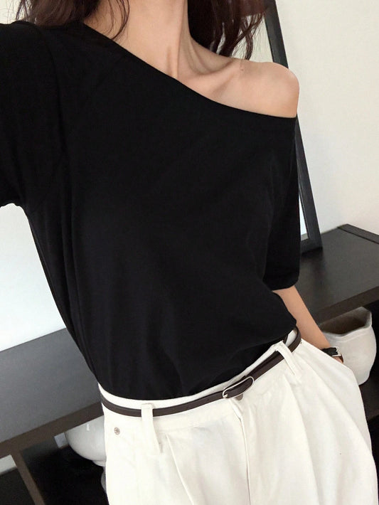 SXV PLAIN OFF SHOULDER BLACK TSHIRT