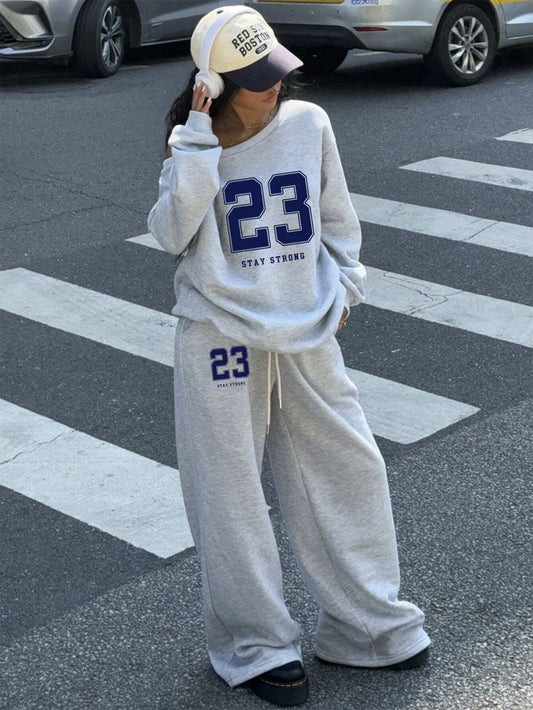 SXV 2pcs Women's 23 Number Graphic Wide Neck Off Shoulder Loose Sweatshirt And Wide-Leg Thick Warm Pants Set, Suitable For Autumn