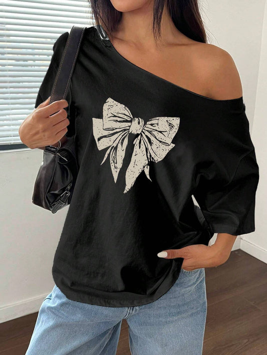 SXV Unity Women Casual vintage bow Shoulder Loose T-Shirt