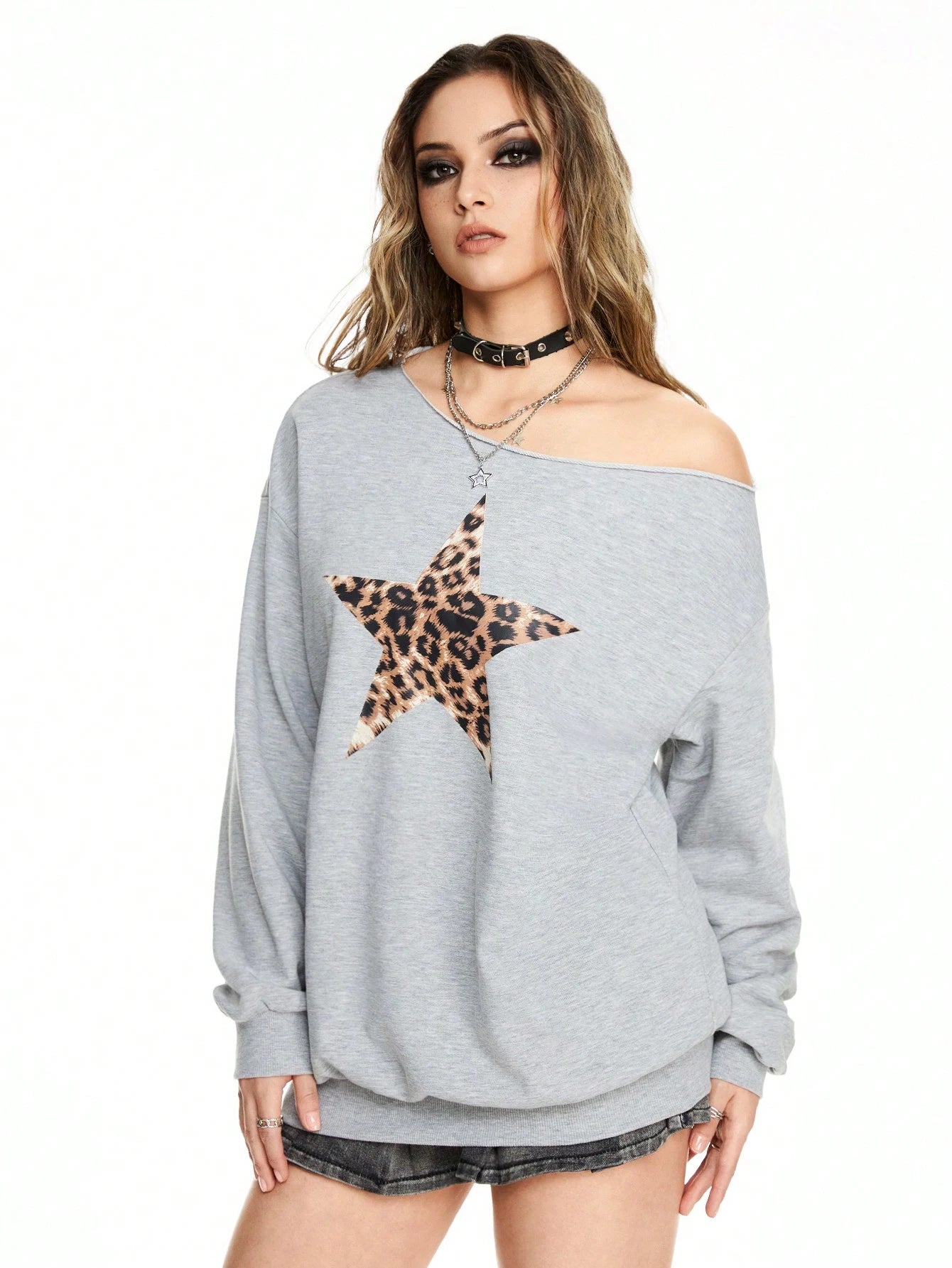 SXV off sholder grey sweatshirt with a leopard print star patch
