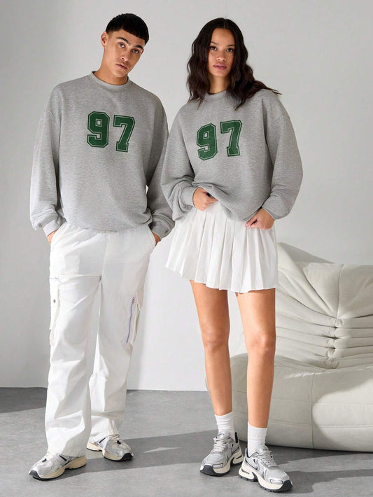 SXV 97 Drop Shoulder Numeric Print Crewneck Pullover Sweatshirt Going Out Long Sleeve Grey Oversized Baggy Sweatshirt