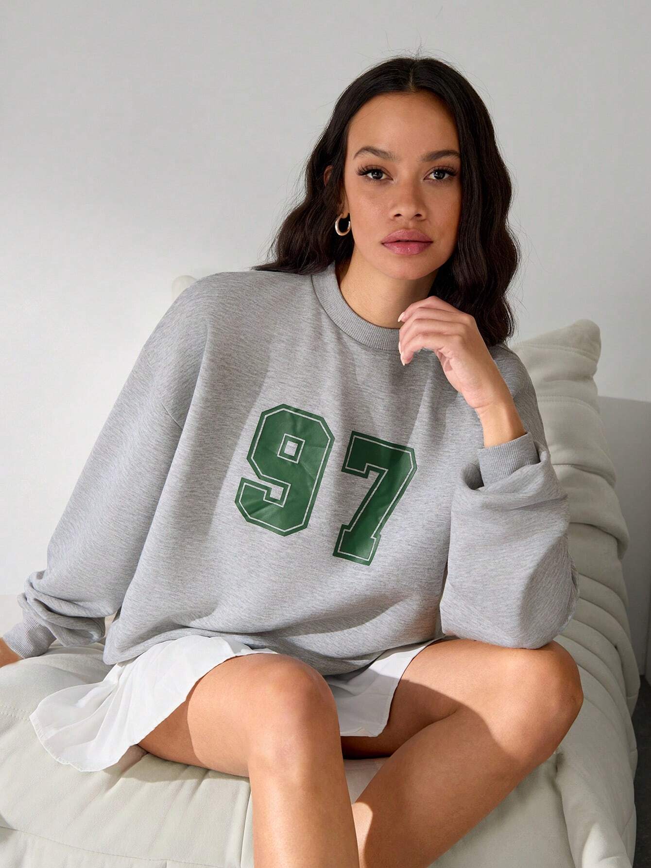 SXV 97 Drop Shoulder Numeric Print Crewneck Pullover Sweatshirt Going Out Long Sleeve Grey Oversized Baggy Sweatshirt