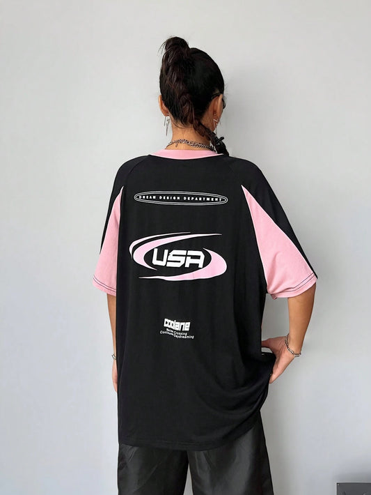 SXV 'free spirit’ Printed Cool Aesthetic Colorblocked Racing Oversized Baggy T-shirt