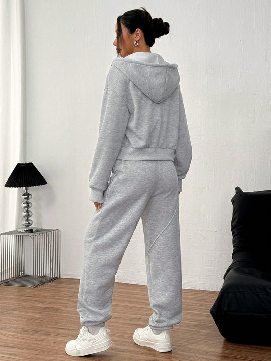 SXV Women's Solid Color Hooded Drawstring Sweatshirt And Pants 2 Piece Set