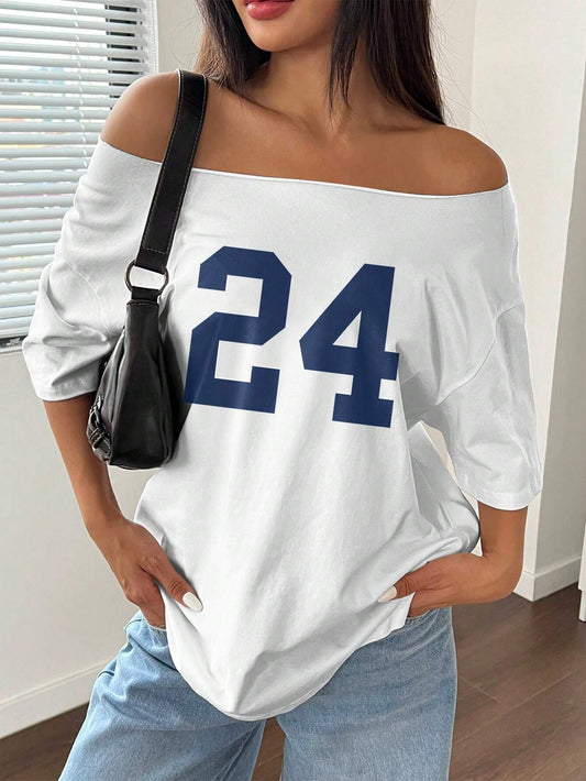 SXV 1pc Loose Off Shoulder Oversized T-Shirt With Number 24 Print Graphic Tees