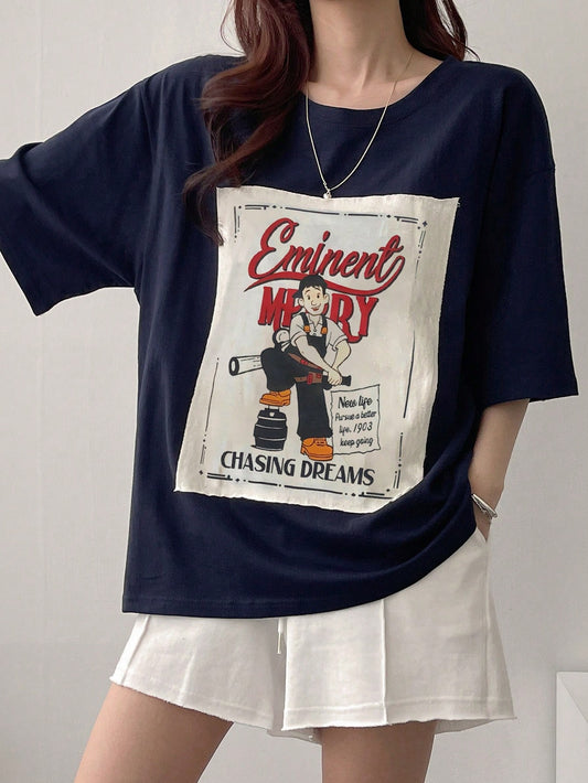 SXV Women's Applique Letter & Cartoon Character Printed Loose T-Shirt