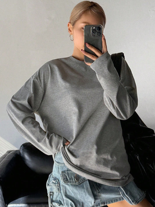 SXV plain solid grey full sleeves oversized baggy drop shoulder t-shirt