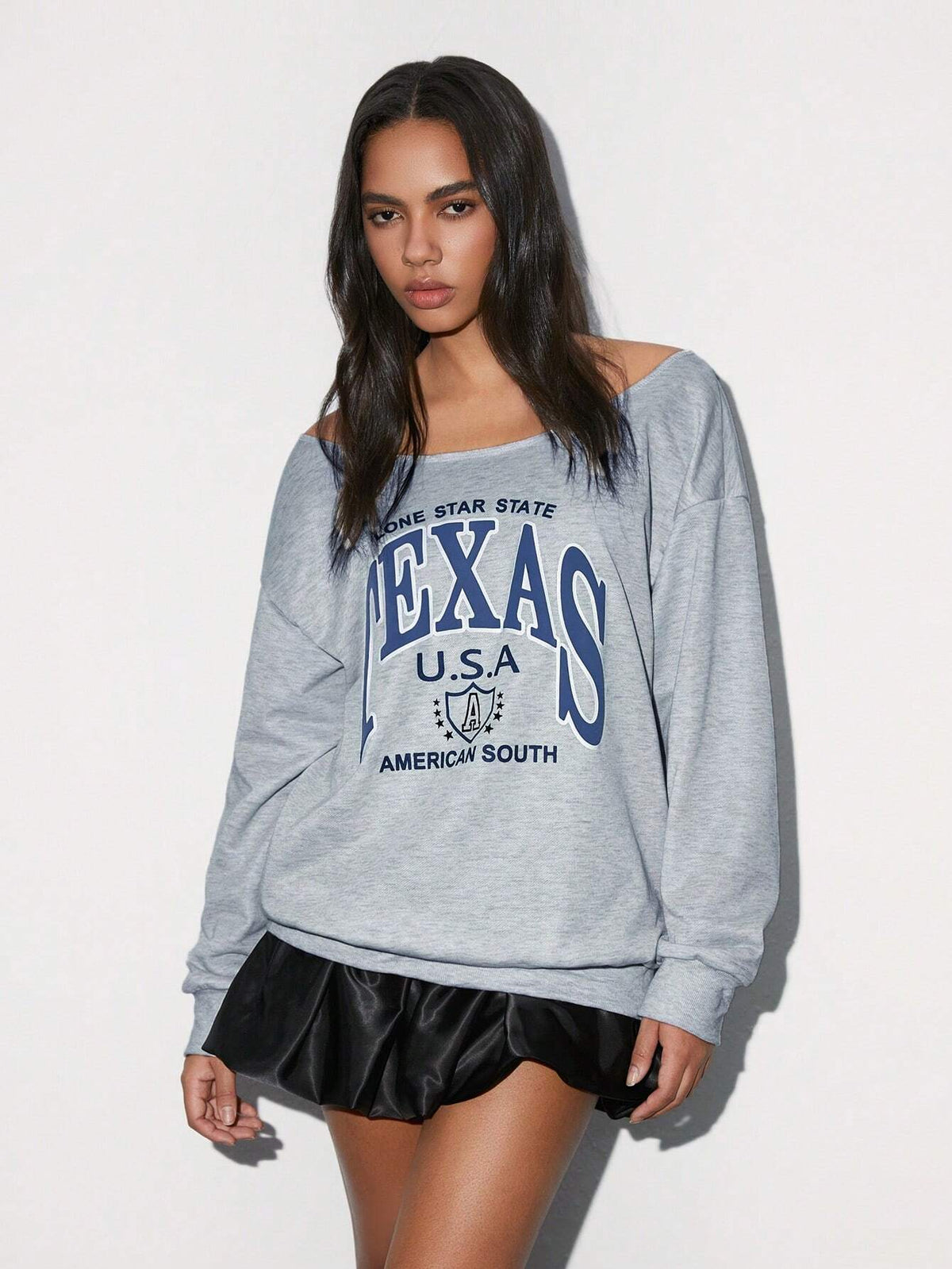 SXV Women Oblique Shoulder Long Sleeve Letter Print Casual Sweatshirt