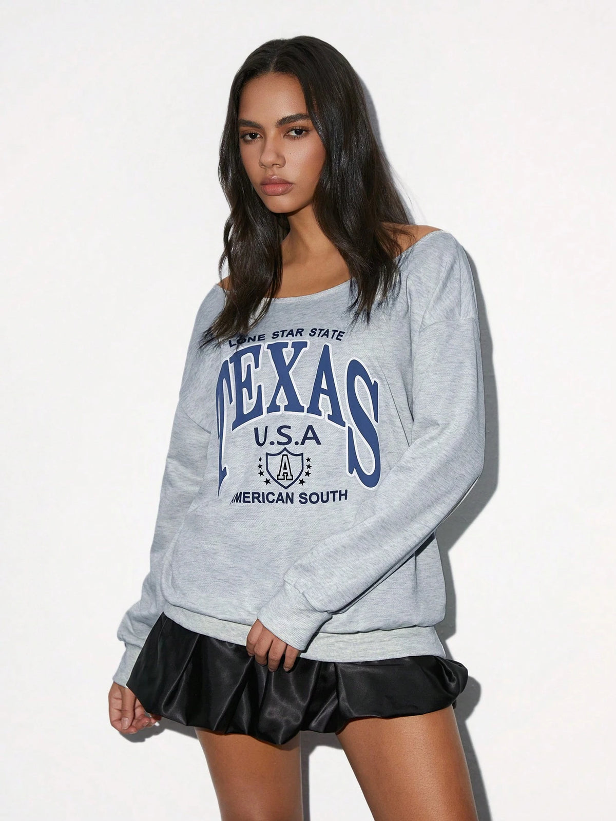 SXV Women Oblique Shoulder Long Sleeve Letter Print Casual Sweatshirt