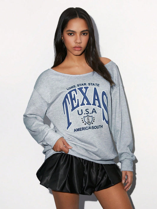 SXV Women's Off Shoulder Letter Print Casual Versatile Comfortable Long Sleeve Sweatshirt, Grey, Autumn