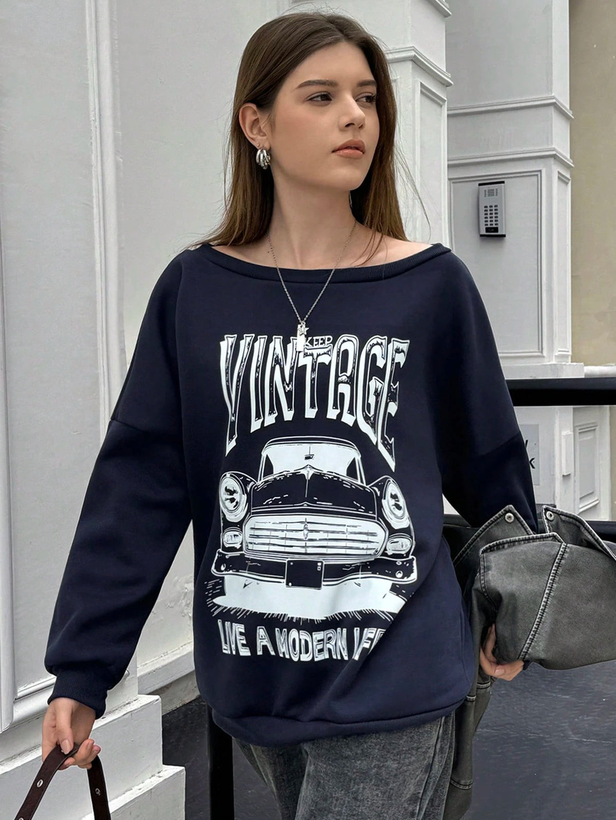 Women's Casual Car Letter Print Sweatshirt For Autumn Pullover Fall Outfit
