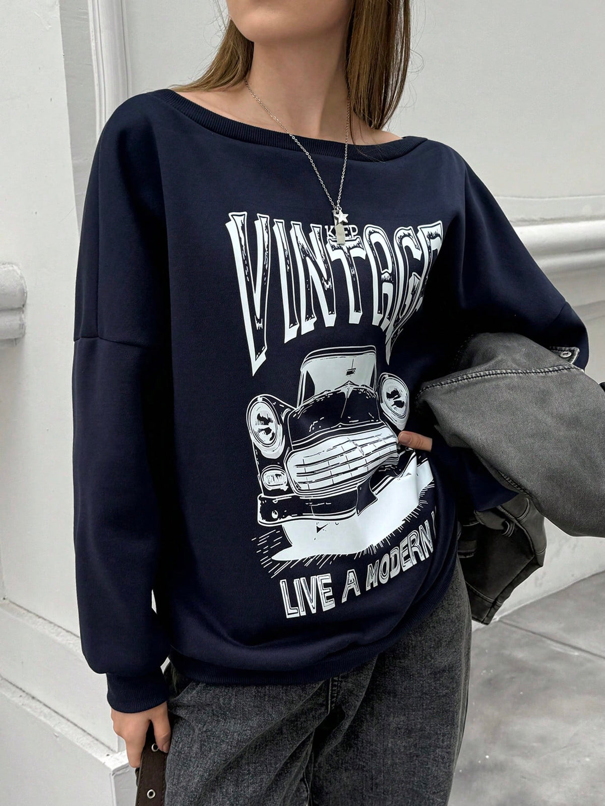Women's Casual Car Letter Print Sweatshirt For Autumn Pullover Fall Outfit