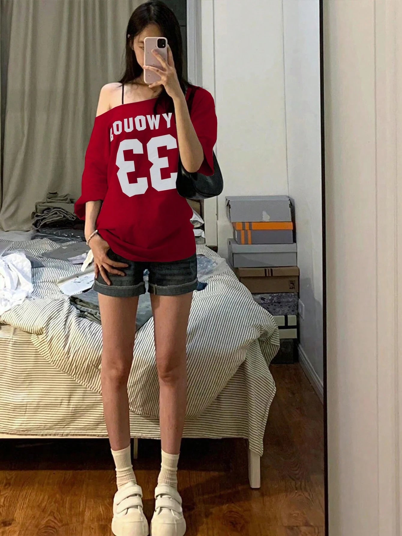 SXV Women's Summer Casual Loose Asymmetric Collar Digit Print Short Sleeve T-Shirt