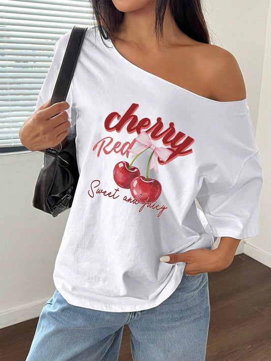 SXV Women's Loose Bowknot Asymmetrical Neck T-Shirt, Oversized Cherry Pink & White Y2K Style
