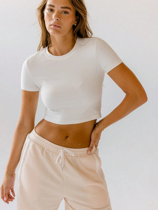 SXV Classic White Fitted Everyday Essential Brushed Crop Top