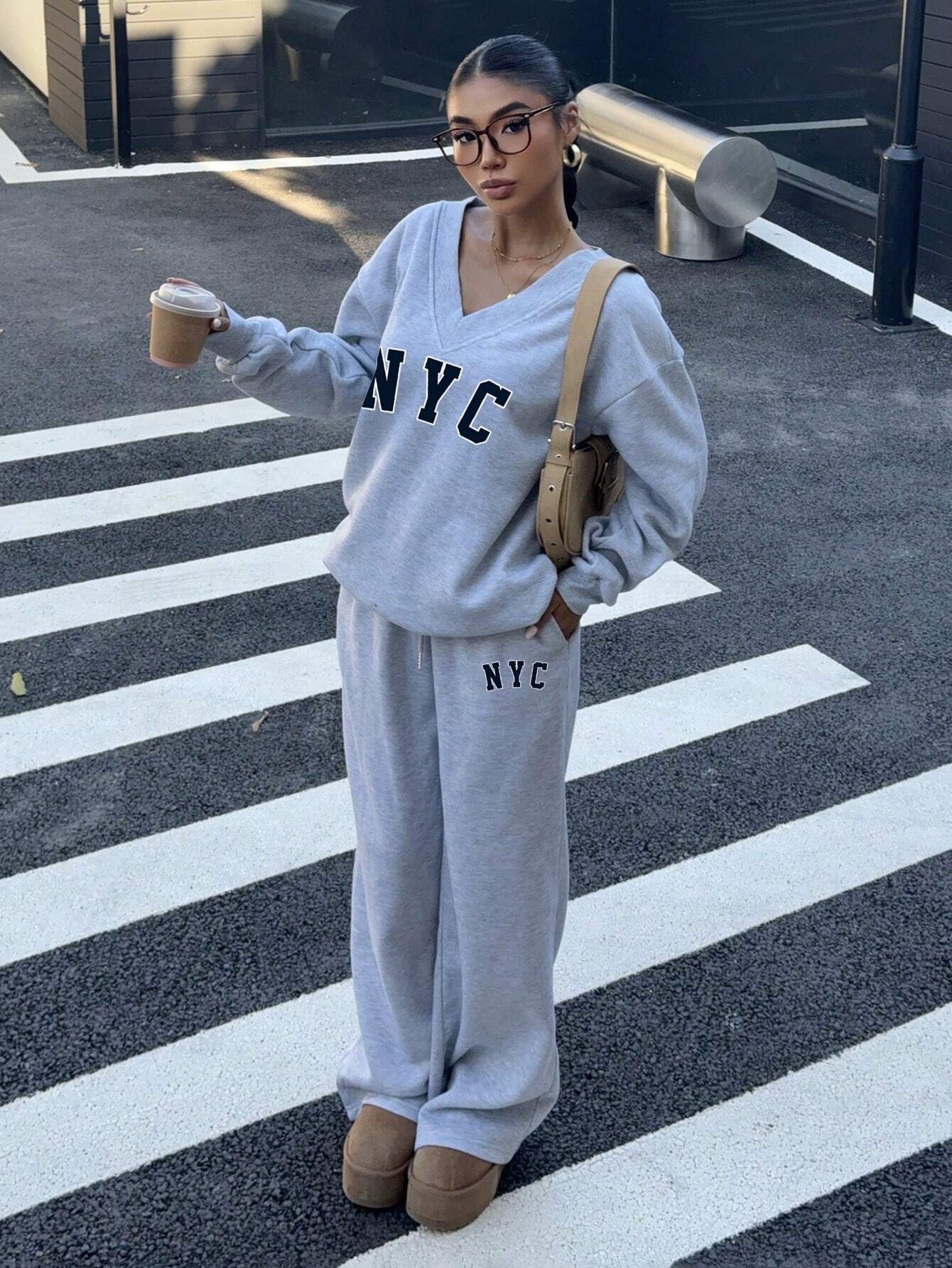 SXV 2pcs Women Oversized V-Neck Fluffy Stretch Jersey Casual Minimalist NYC Logo Sweatshirt And Sweatpants Set, Autumn