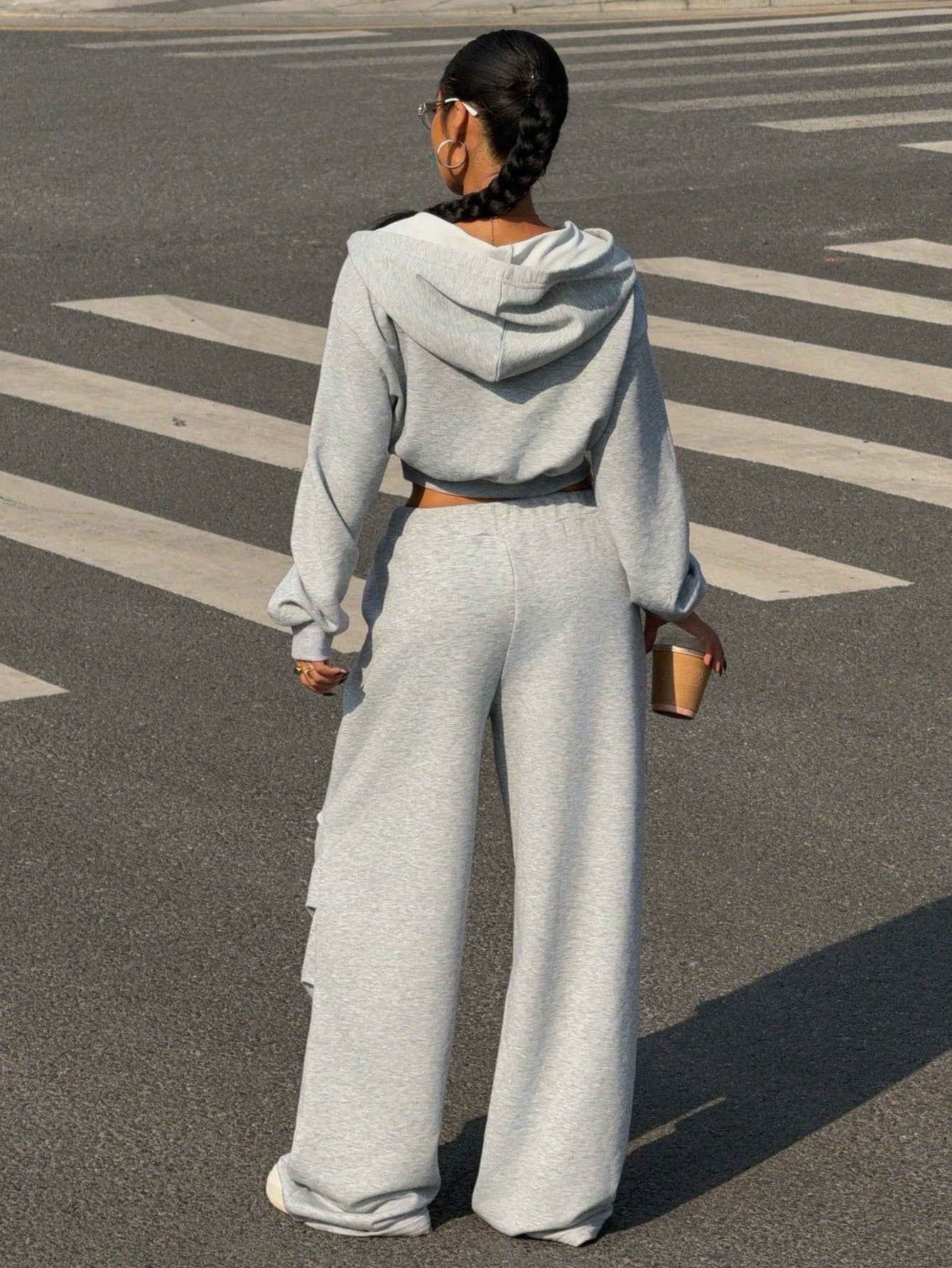 SXV Women's New Grey Knitted Casual Loose Hooded Sweatshirt Sweatshirt Set