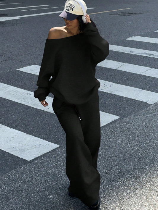 SXV 2pcs Women's Black Wide Neckline Off-Shoulder Loose Casual Sweatshirt And Wide Leg Sweatpants Set
