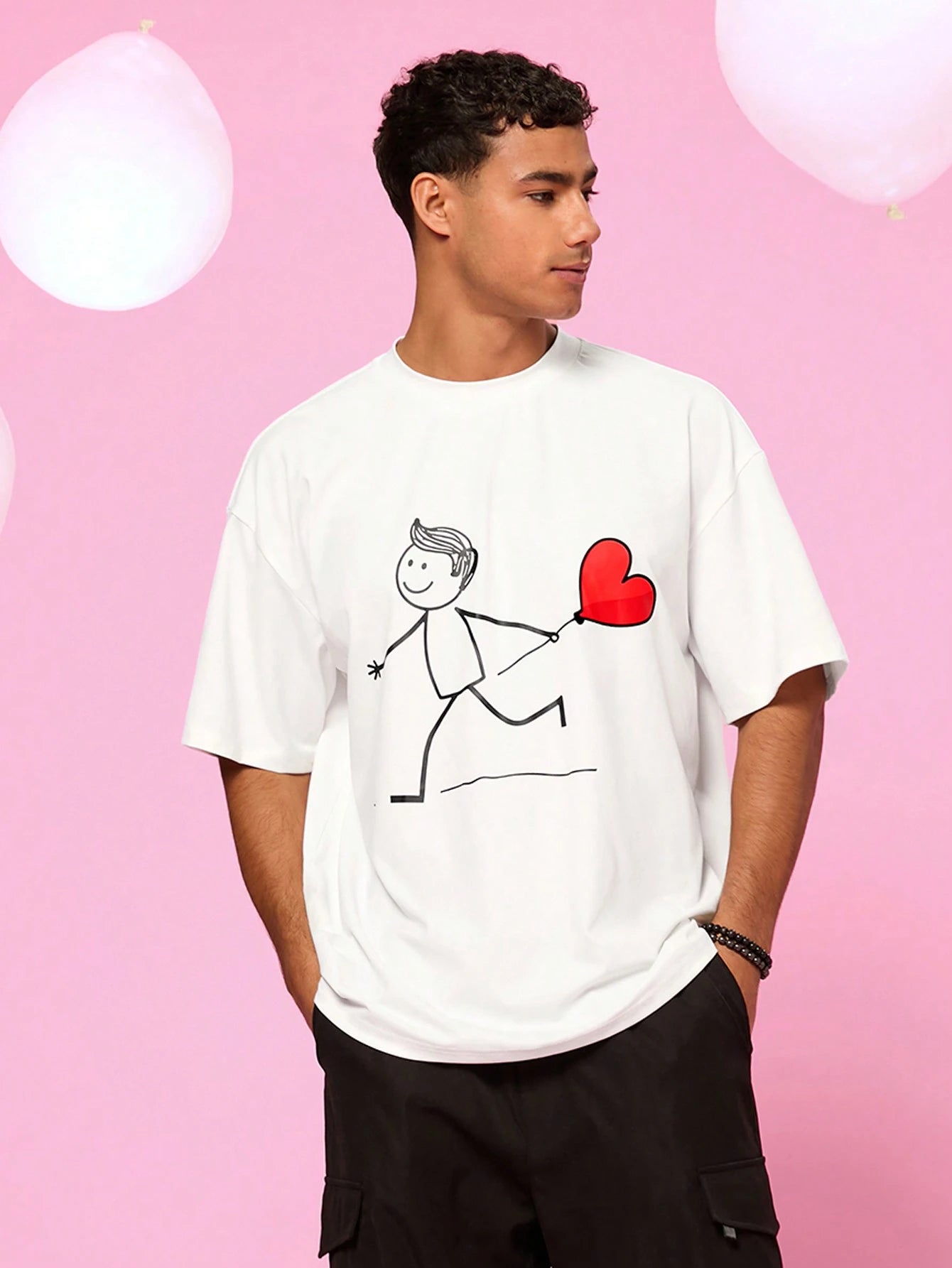 SXV Set Couple's Casual Loose Fit Cartoon Character & Heart Print Short Sleeve T-Shirt