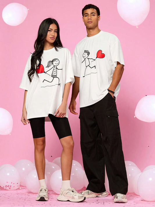 SXV Set Couple's Casual Loose Fit Cartoon Character & Heart Print Short Sleeve T-Shirt