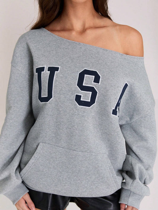 SXV Women's Fleece Sweatshirt With Design, Open Shoulder, Casual, Everyday Wear For Winter