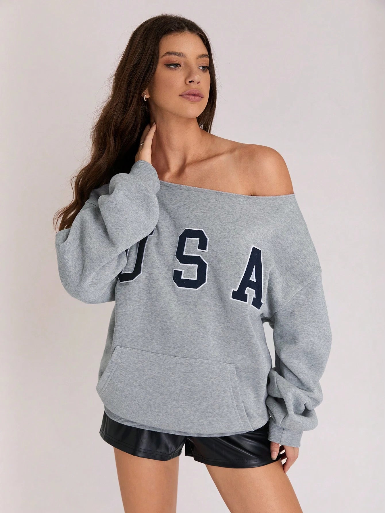 SXV Women's Fleece Sweatshirt With Design, Open Shoulder, Casual, Everyday Wear For Winter