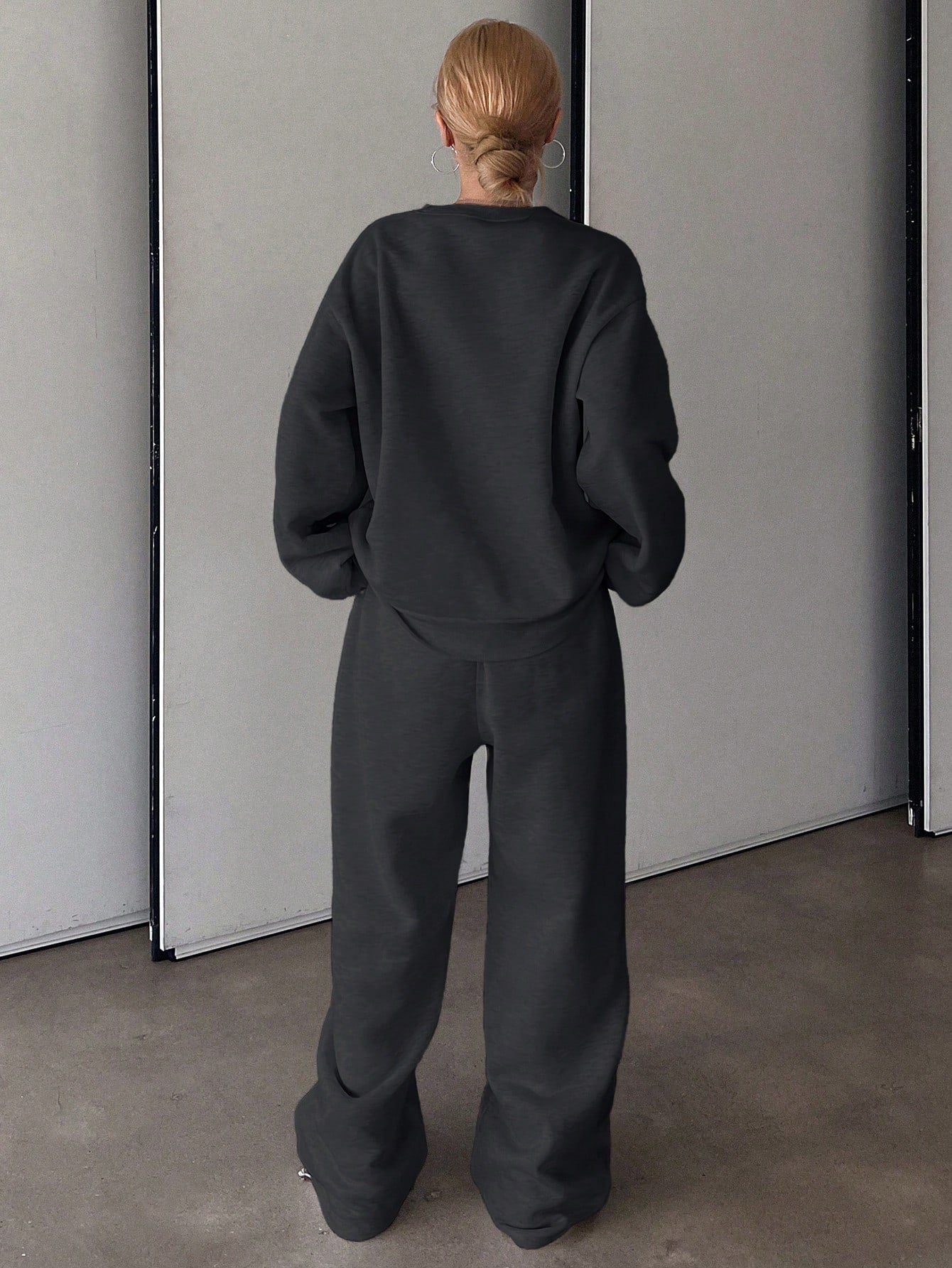 SXV Set Women Solid Color Fleece Crew Neck Hoodie And Letter Print Sweatshirt