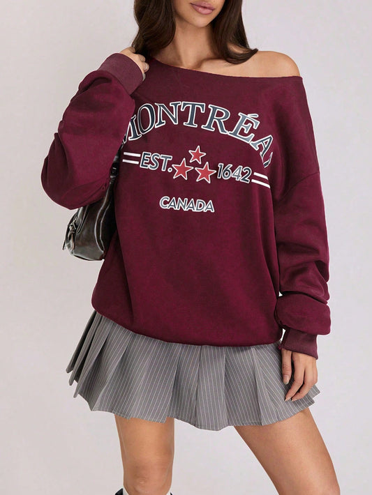 SXV Off Shoulder Three-Way Letter Print Sweatshirt Pullover Fall Outfit
