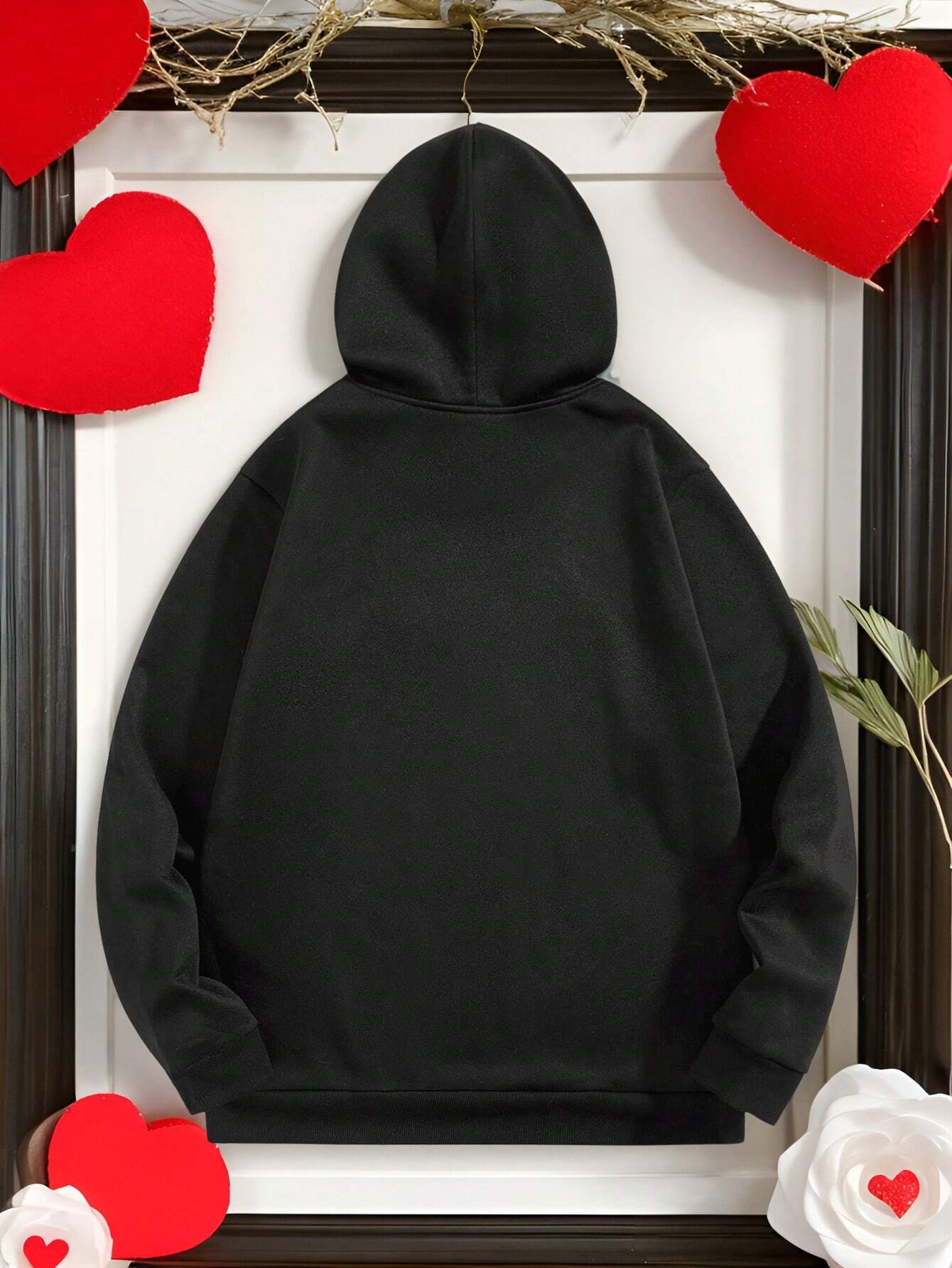 SXV Valentine's Day Cartoon Couple Figure Pattern Printing Hoodie, Slim Fit For Men, Black Color, Suitable For Dates And Gatherings, A Great Gift For Boyfriend